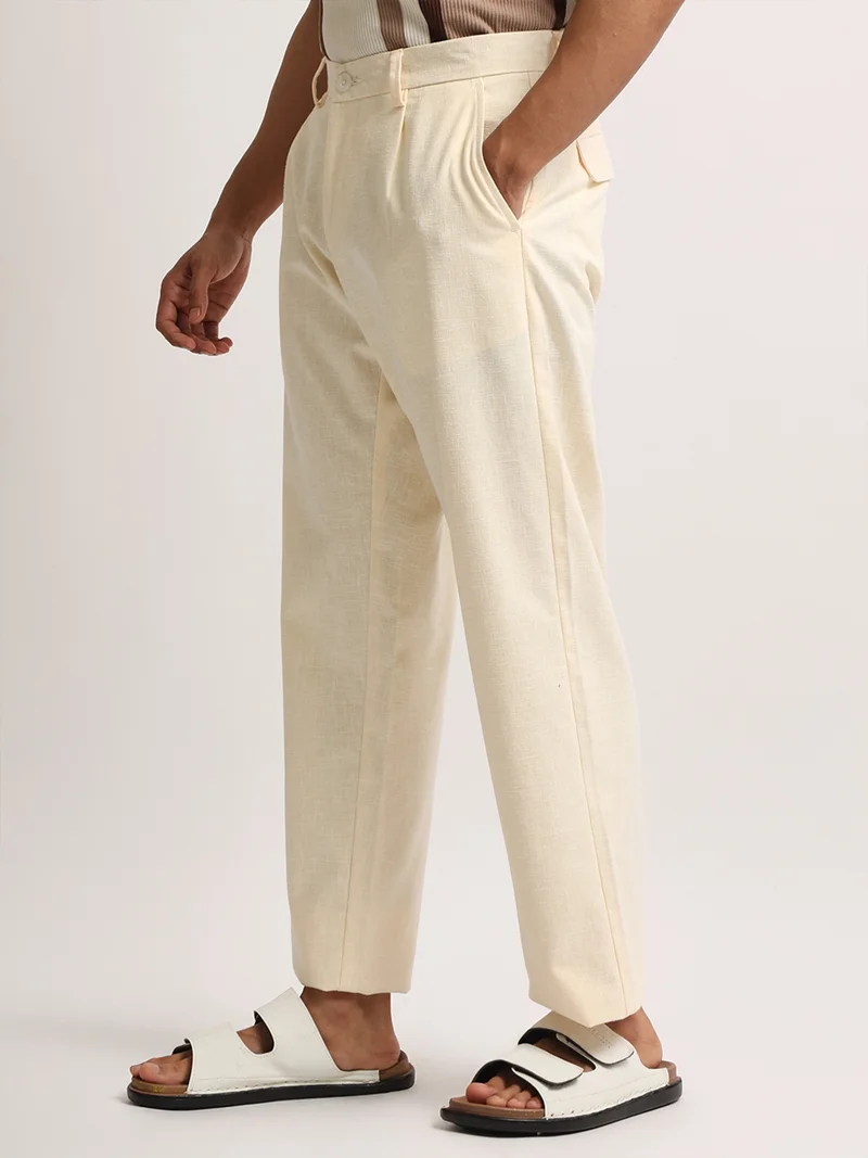 Maniac  Maniac Mens Solid Cream Turkish Linen Cotton Blend Trouser for Men | Best Price UAE